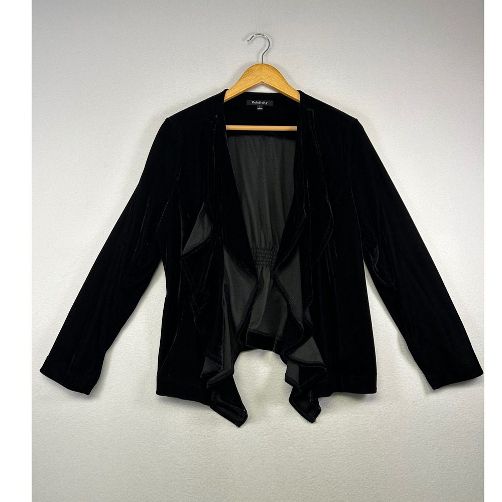 Goth‎ Romantic Relativity Womens L Black Velvet Draped Ruffle Open Front Jacket